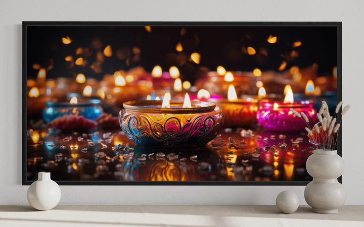 Diwali Festival Wall Art – Framed Indian Canvas Print With Glowing Diyas