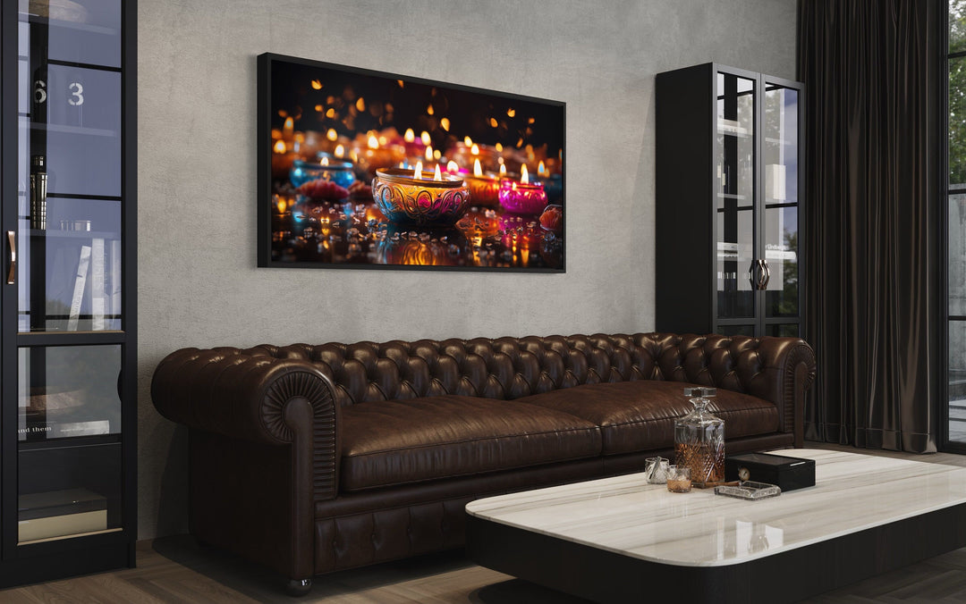 Diwali Festival Wall Art – Framed Indian Canvas Print With Glowing Diyas