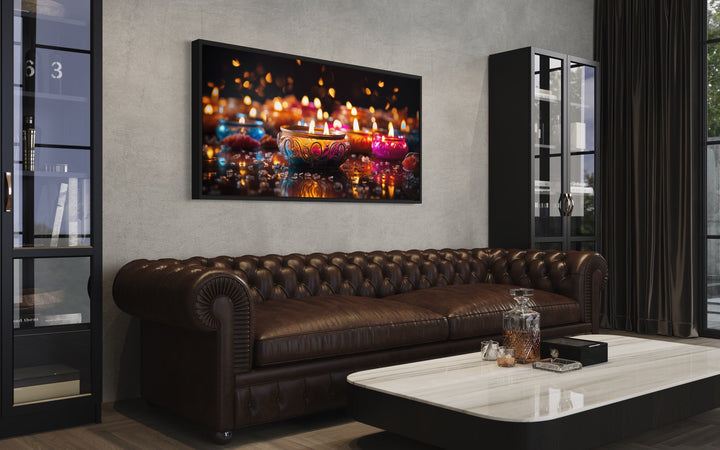 Diwali Festival Wall Art – Framed Indian Canvas Print With Glowing Diyas