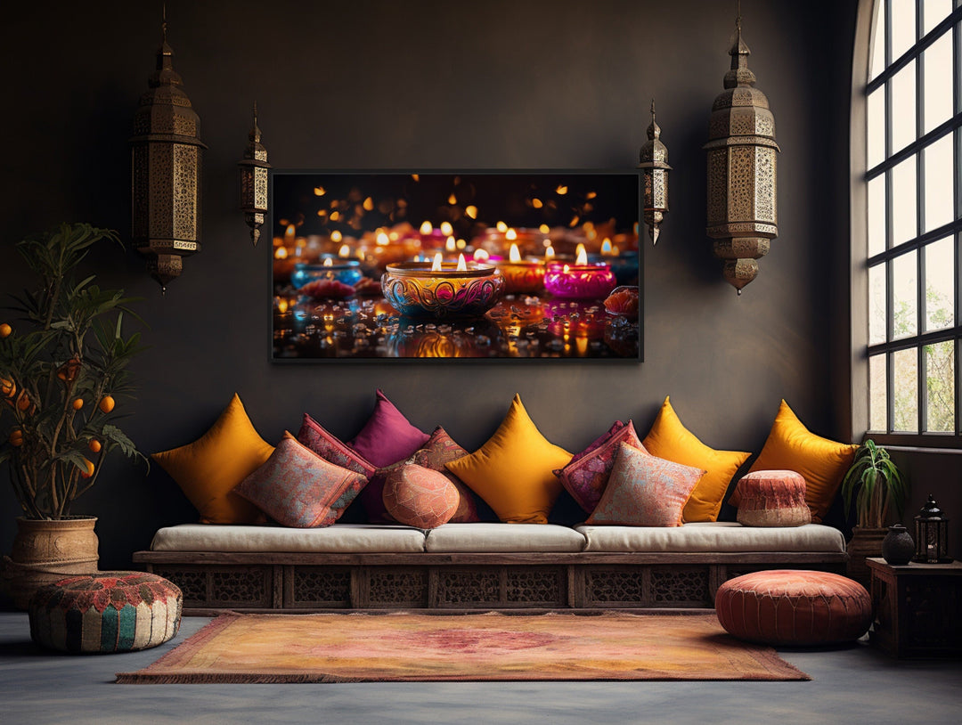 Diwali Festival Wall Art – Framed Indian Canvas Print With Glowing Diyas