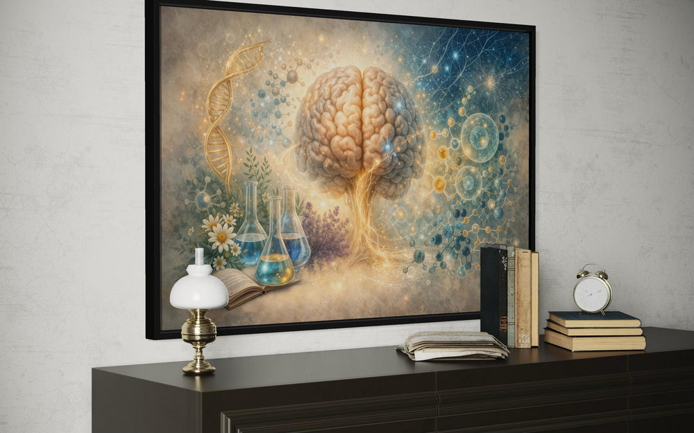 Framed medical brain wall art with DNA and science illustrations above a dark wood dresser.