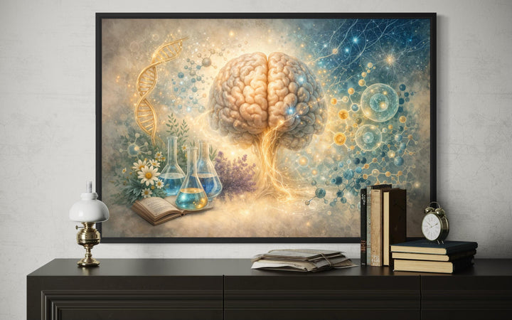 Framed medical brain wall art with DNA and science illustrations displayed above a dark wood desk.