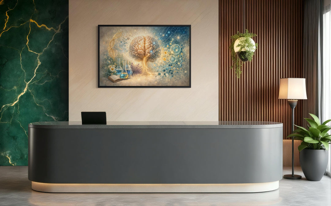 A framed medical brain and DNA science illustration hangs above a modern grey reception desk.