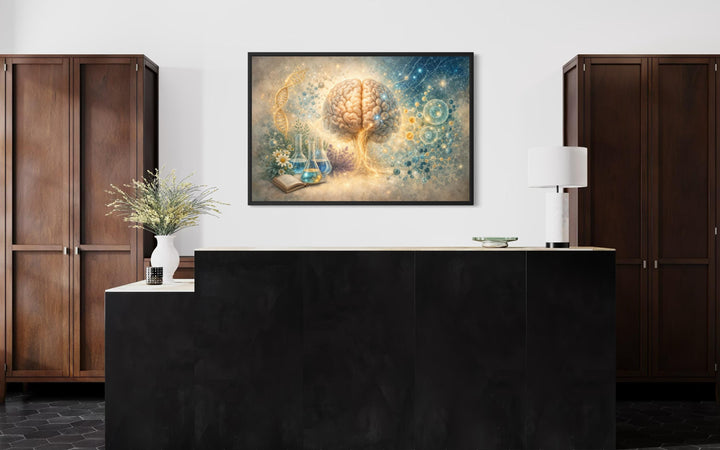 A framed canvas print of a glowing brain and DNA illustration hangs in a modern medical office.