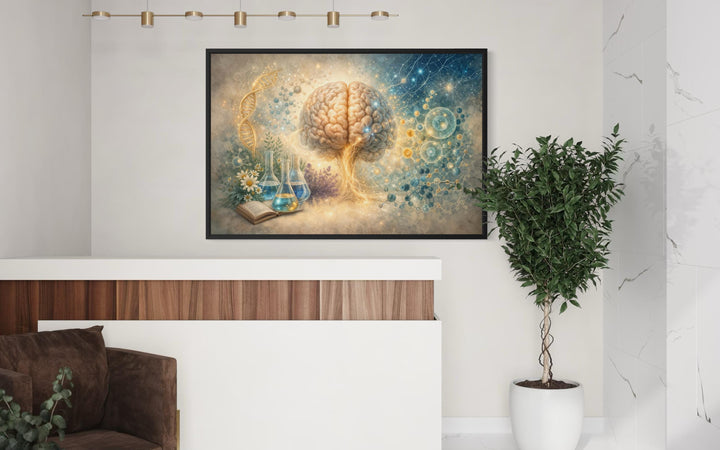 A framed canvas print of a luminous brain and DNA illustration in a modern medical office setting.
