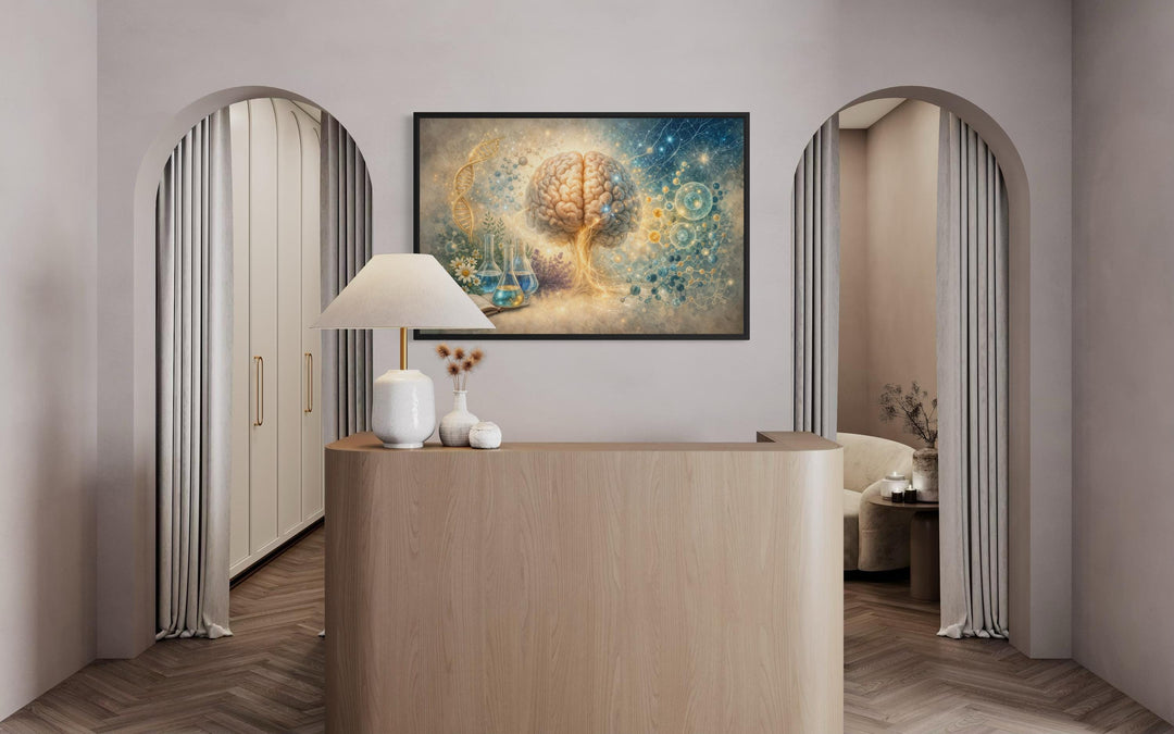 A framed medical brain and DNA science illustration hangs above a modern wooden reception desk.