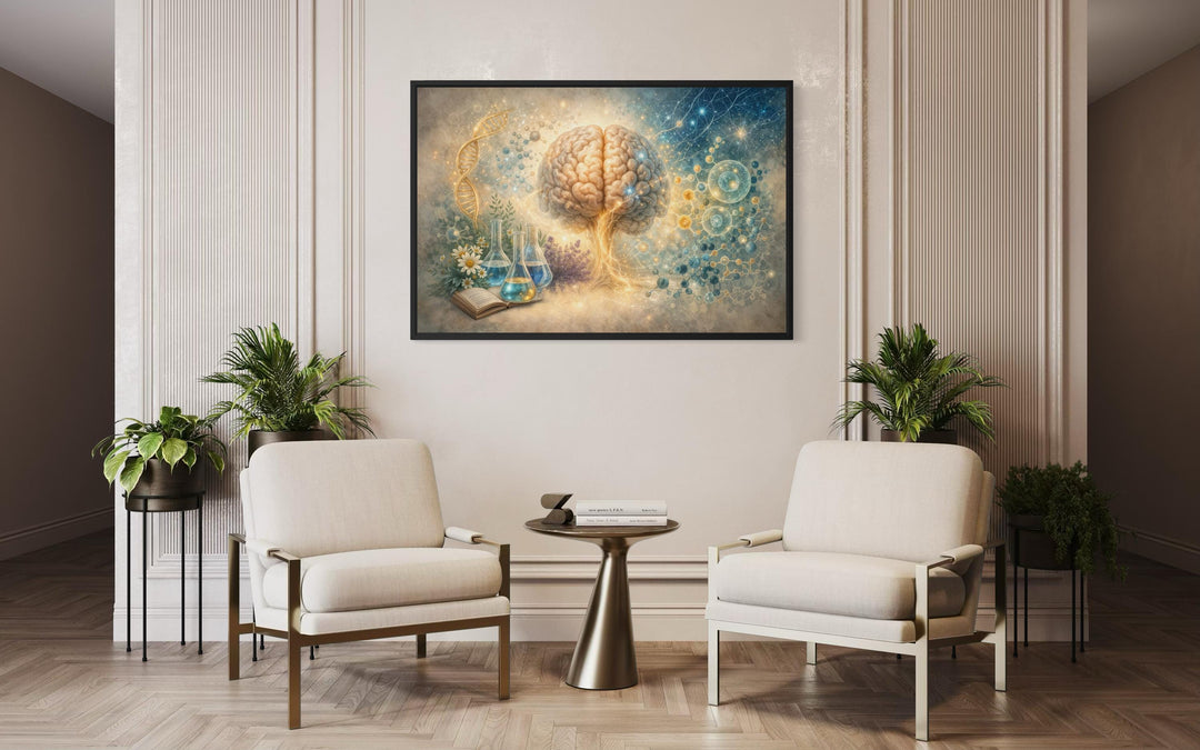 A framed medical brain and DNA science illustration hangs in a modern, neutral-toned office.
