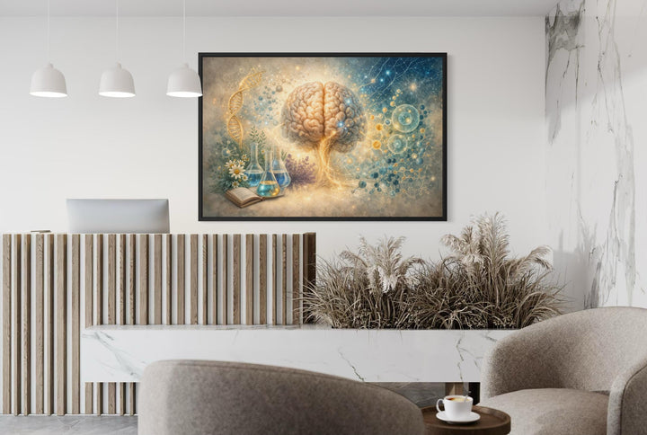 Medical brain wall art with DNA and science illustrations hanging in a modern office reception.