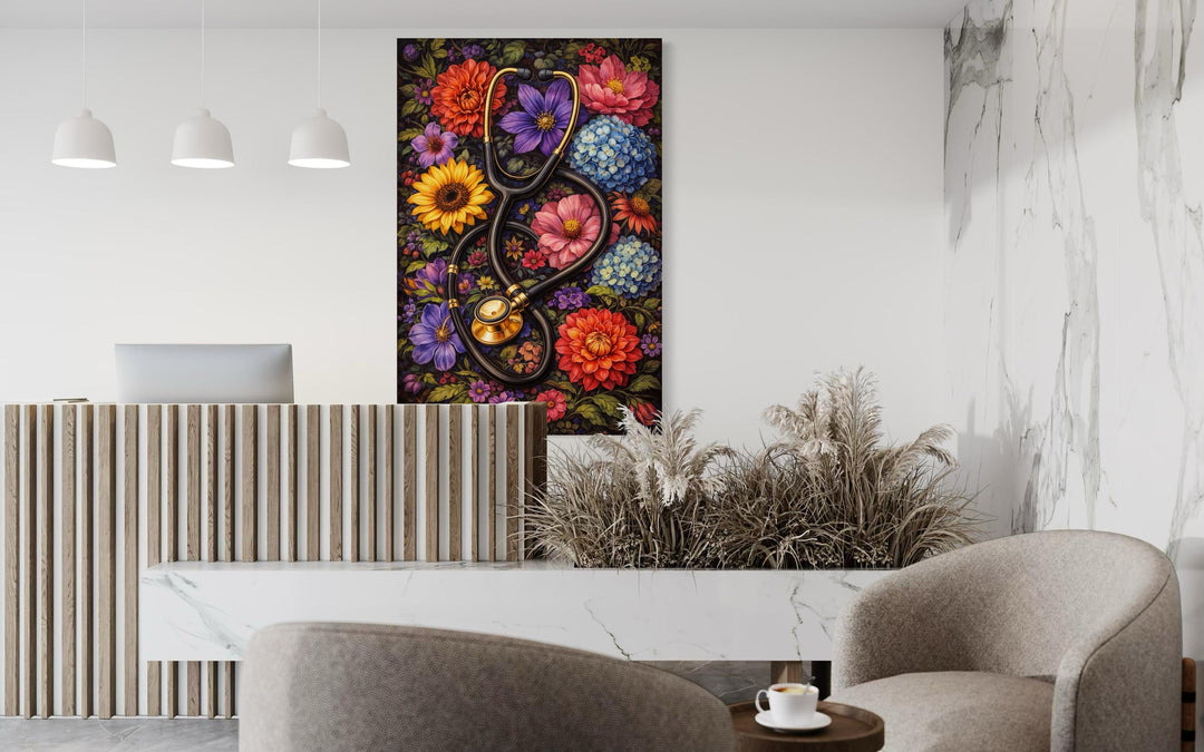 A floral stethoscope canvas print hangs on a white wall in a modern medical office reception area.