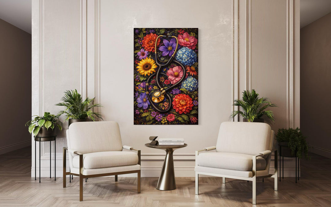 A floral stethoscope canvas print hangs in a modern medical office waiting area.