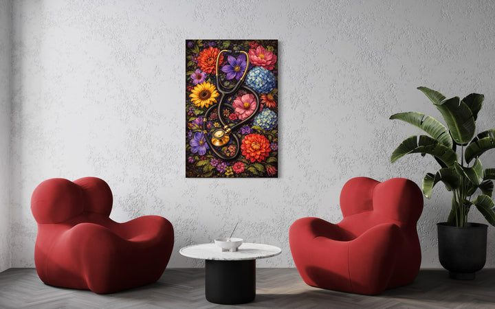 A floral stethoscope canvas print hangs in a modern room with red chairs and a marble table.