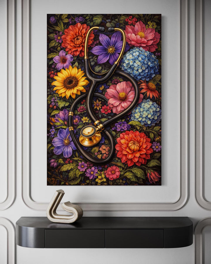 A vertical canvas print of a floral stethoscope hangs above a black console table in a modern room.