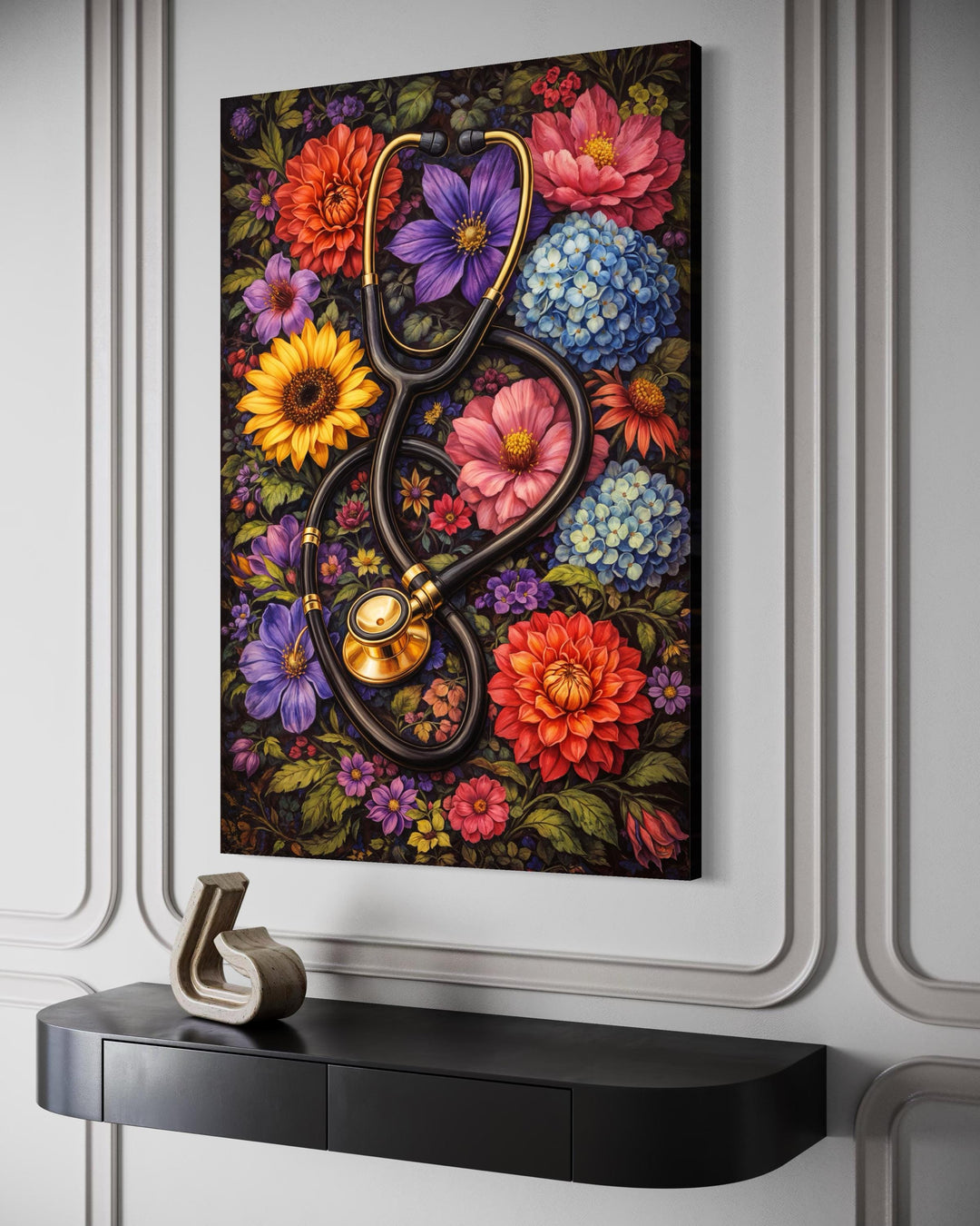 Floral stethoscope canvas print with vibrant flowers hanging on a modern wall above a black console.