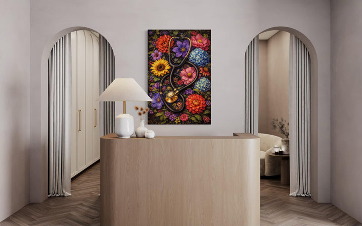 Art for doctors office - A floral stethoscope canvas print hangs on a wall in a modern medical office reception area.