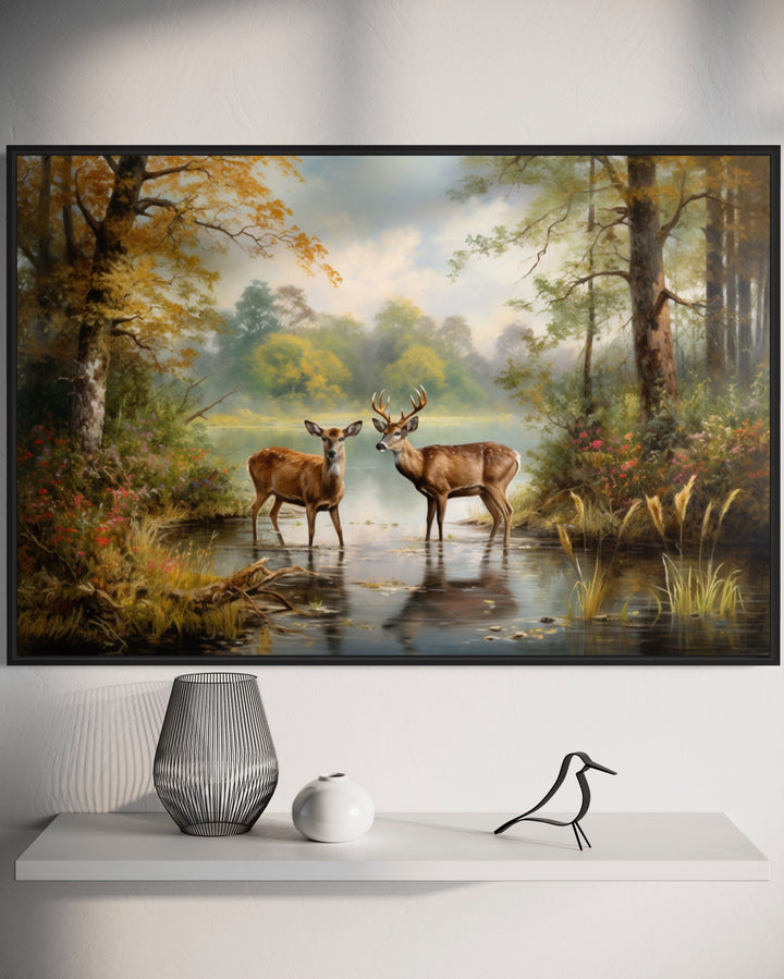 Doe And Buck In The Forest Framed Canvas Wall Art