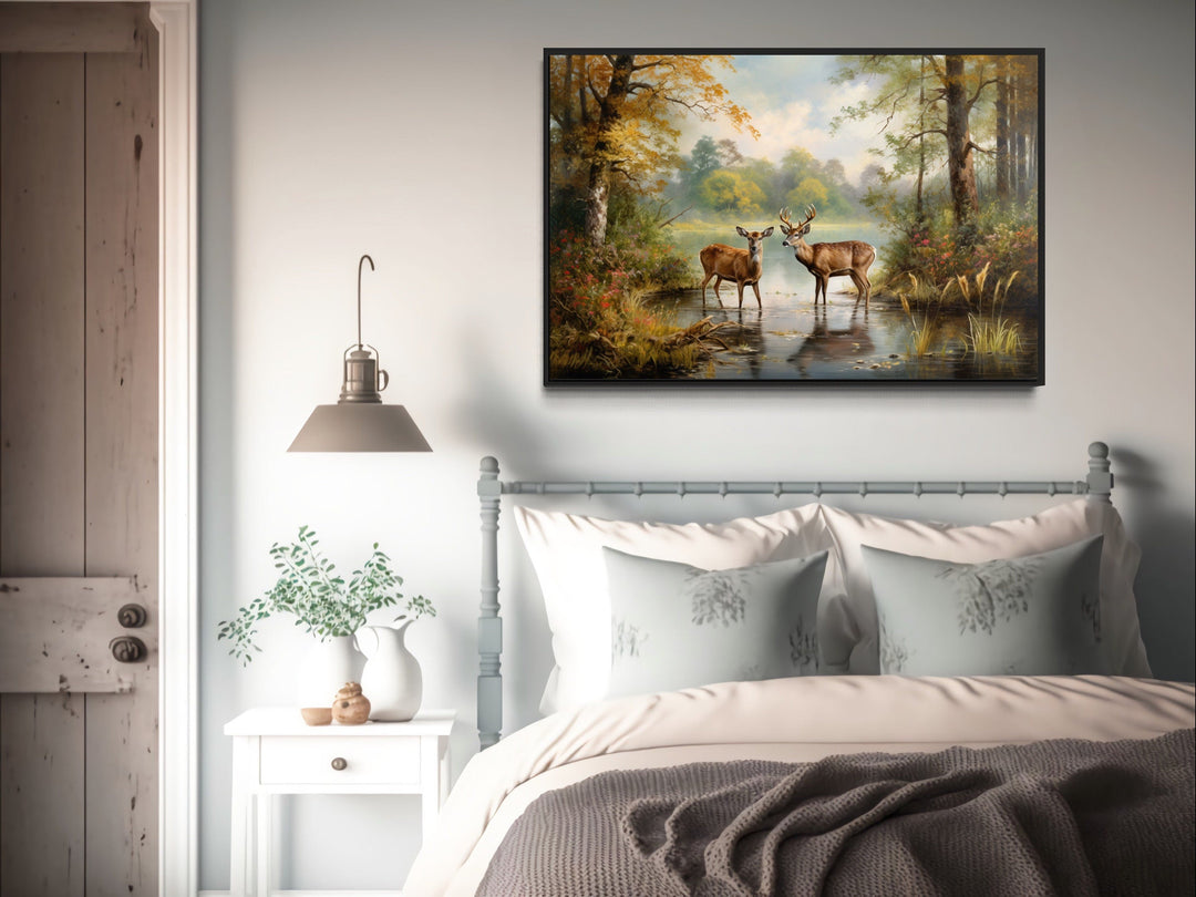 Doe And Buck In The Forest Framed Canvas Wall Art