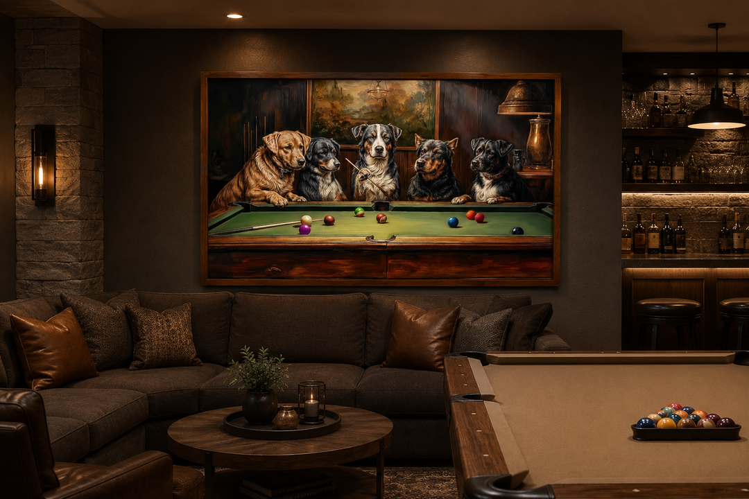 Framed canvas wall art of five dogs playing pool in a classic game room setting.