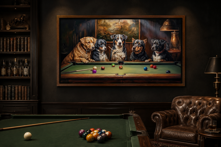 Framed canvas wall art of dogs playing pool hanging in a dark, classic game room with a pool table.