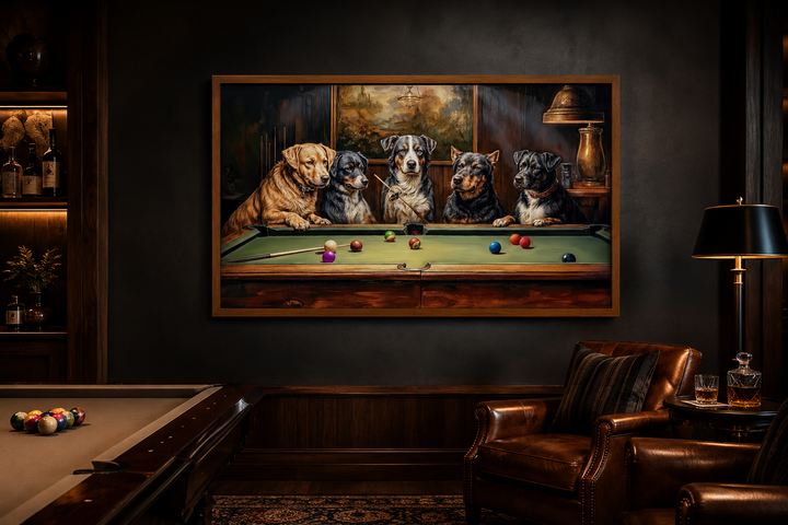 Framed canvas wall art of dogs playing pool in a classic game room setting with leather chairs.