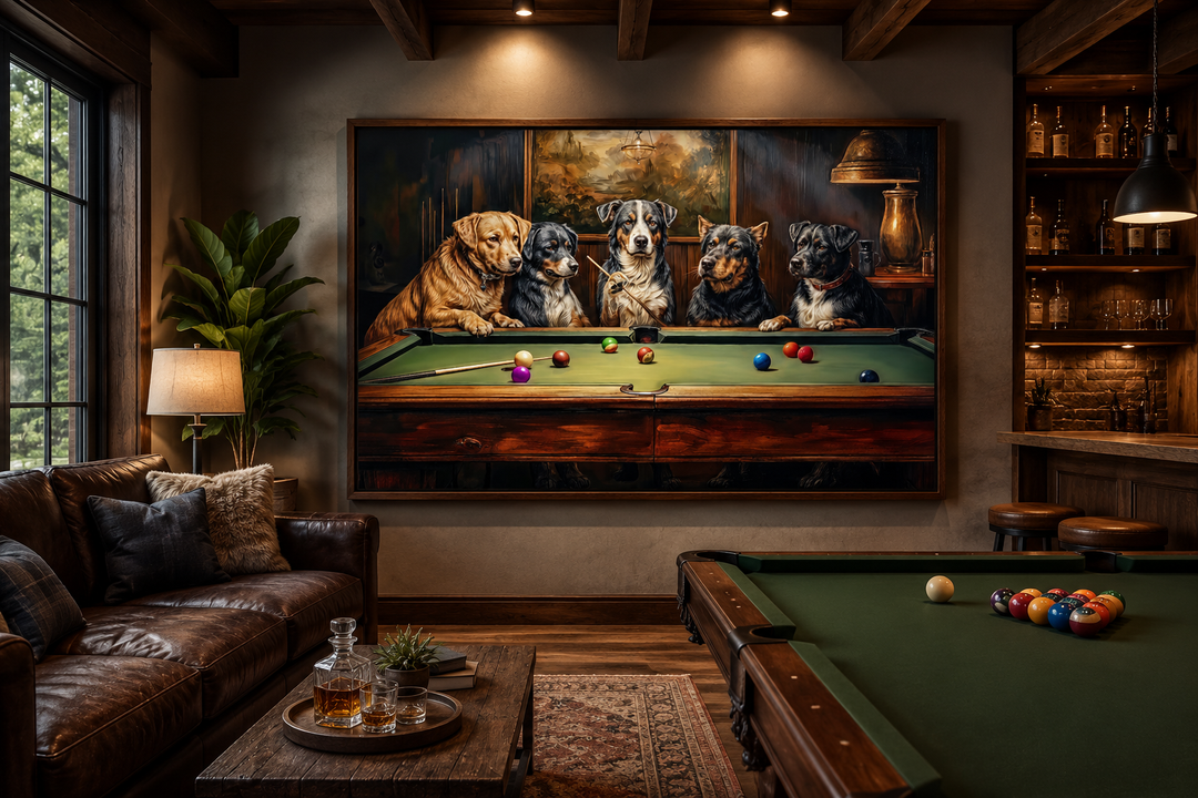 Framed canvas wall art of dogs playing pool hanging in a rustic game room with a leather sofa.