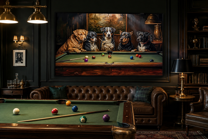 Dogs playing pool framed canvas wall art hanging in a classic game room with a real pool table.
