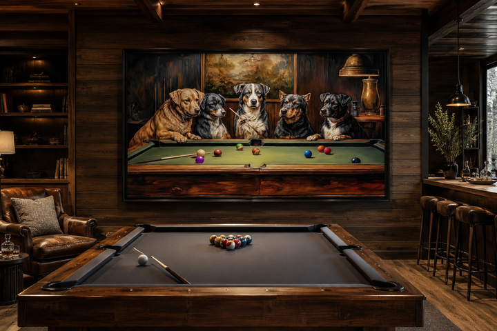 Framed canvas wall art of dogs playing pool in a rustic game room with a real billiards table.