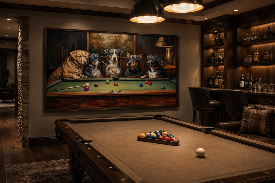 Framed canvas wall art of dogs playing pool hanging in a game room above a real billiards table.