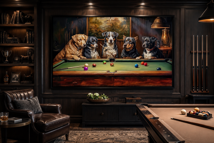 Framed canvas wall art of five dogs playing pool in a classic wood-paneled game room.
