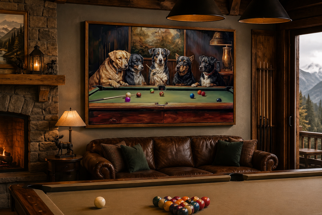 Framed canvas art of dogs playing pool hanging above a leather sofa in a rustic game room.