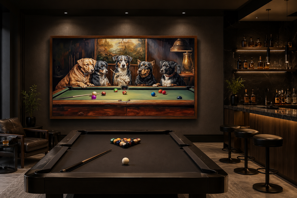 Framed canvas wall art of dogs playing pool hanging in a modern game room above a billiards table.