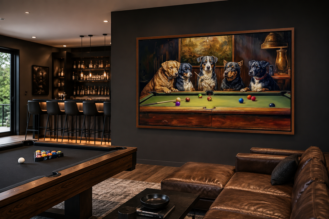 Framed canvas wall art of dogs playing pool in a modern game room with a pool table and bar.