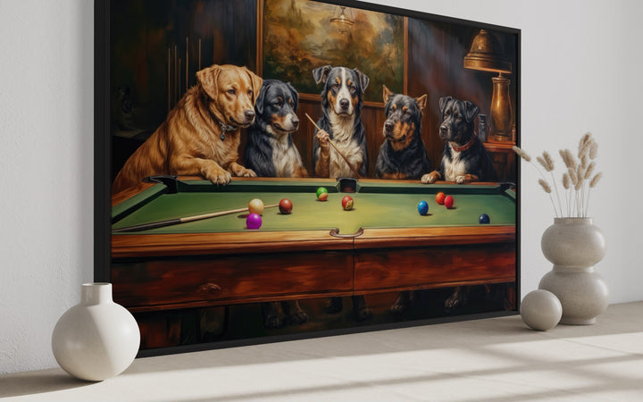 Framed canvas wall art of five dogs playing pool in a classic billiards room setting.