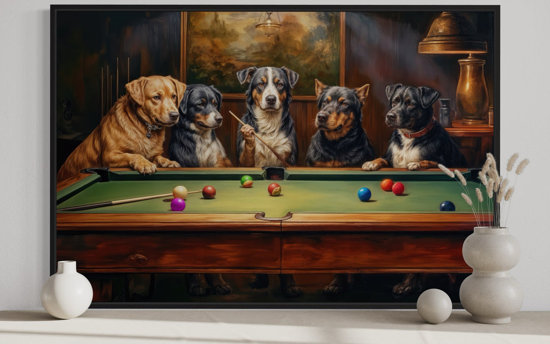 Framed canvas wall art of five dogs playing pool in a classic billiards room setting.