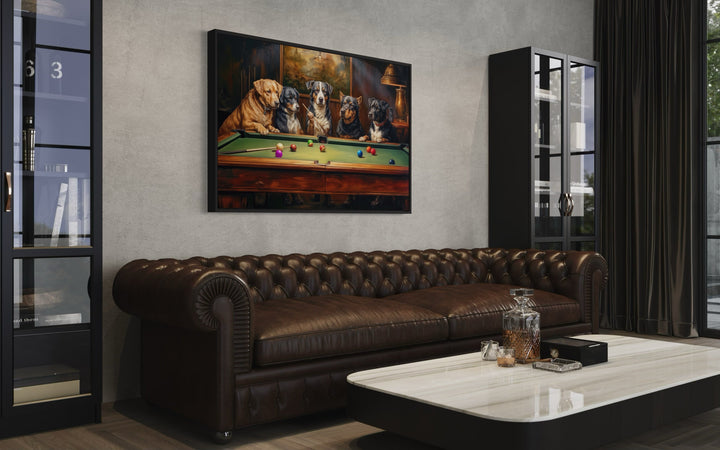 Dogs Playing Pool Framed Canvas Wall Art For Game Room Decor