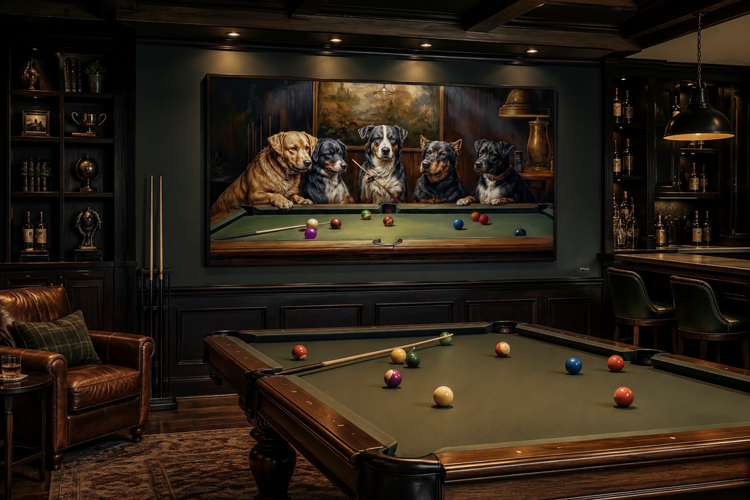 Framed canvas wall art of dogs playing pool in a classic game room setting.