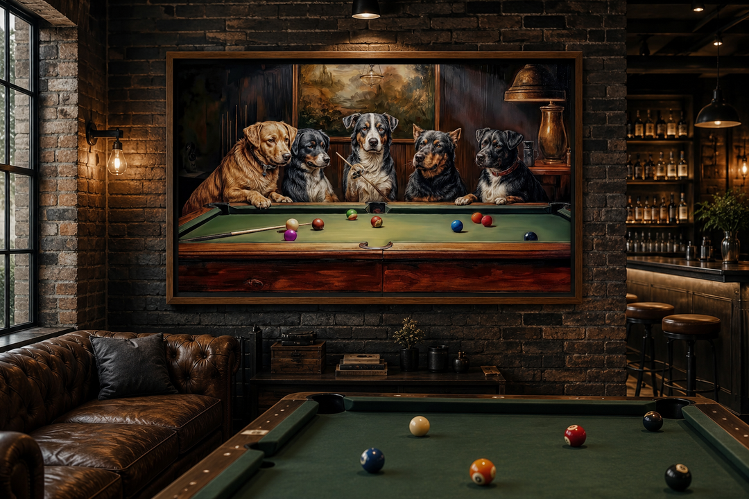 Framed canvas wall art of dogs playing pool in a rustic game room with a leather sofa.