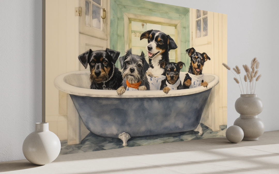 Dogs in a Bathtub Watercolor Framed Canvas Wall Art