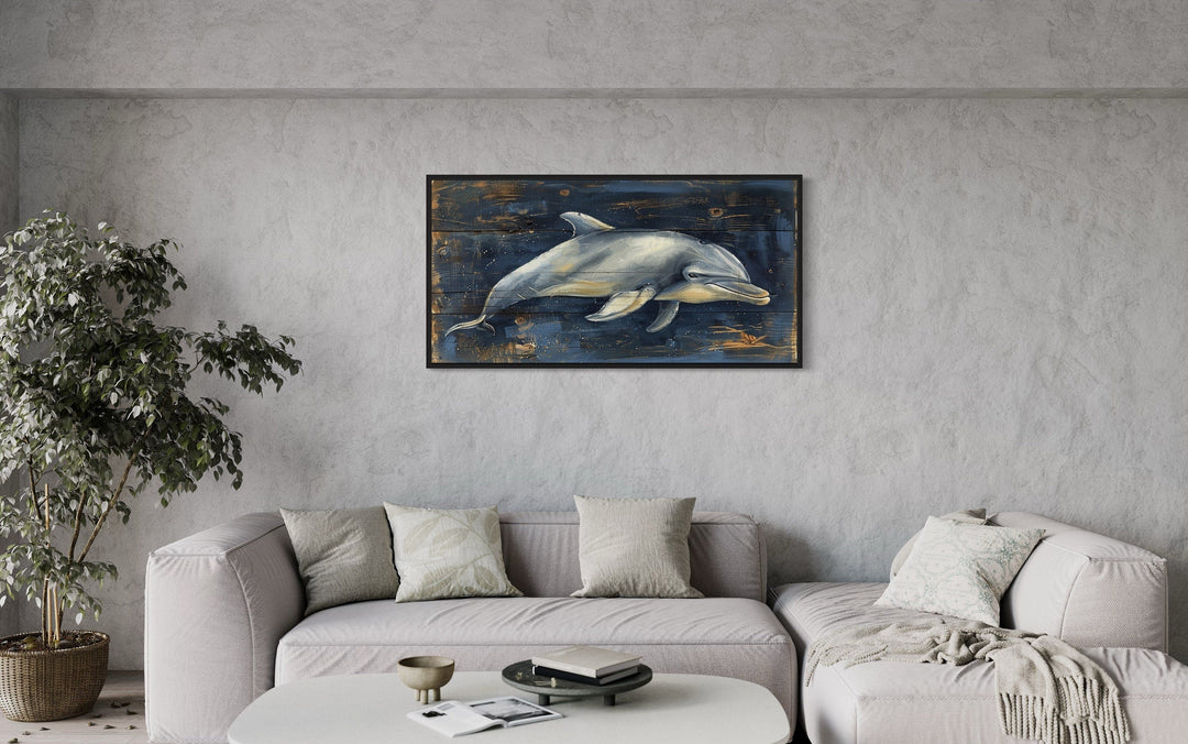 Dolphin Painting on Navy Blue Distressed Wood Framed Canvas Wall Art