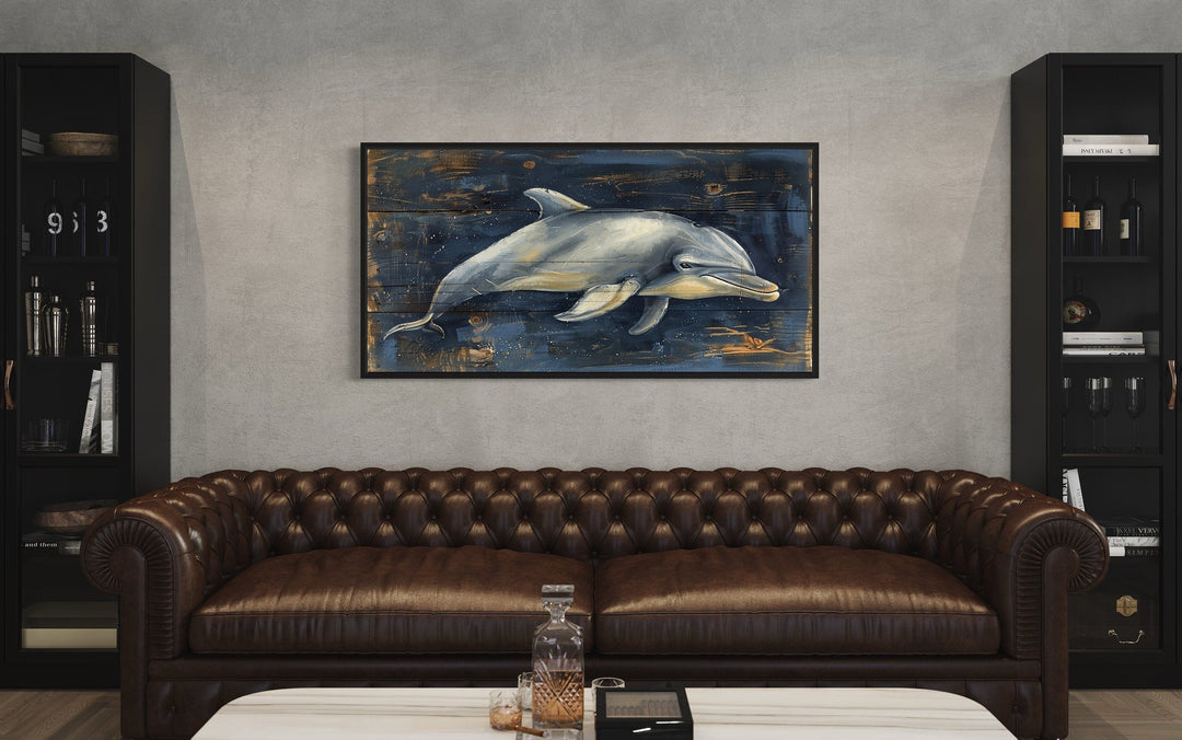 Dolphin Painting on Navy Blue Distressed Wood Framed Canvas Wall Art