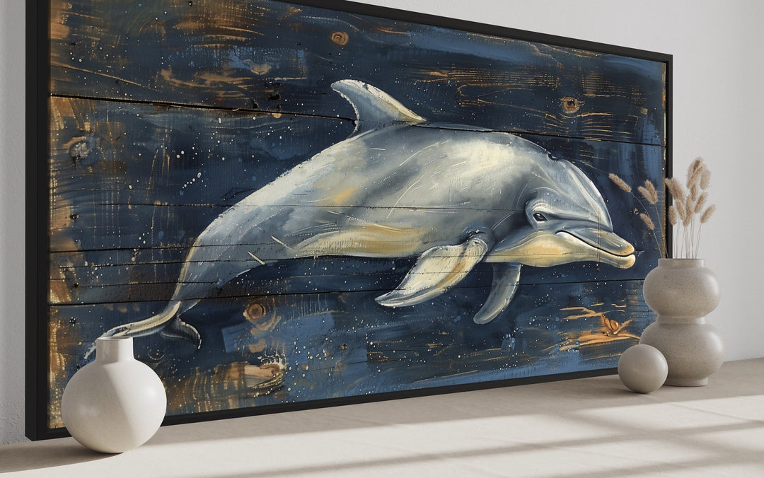 Dolphin Painting on Navy Blue Distressed Wood Framed Canvas Wall Art