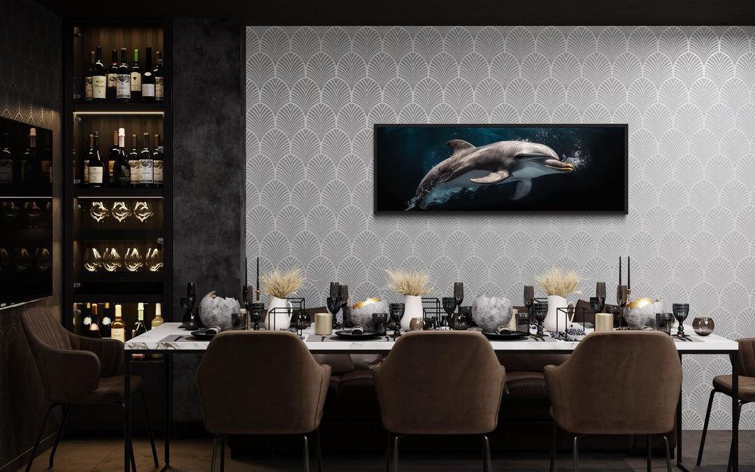 Dolphin Under Water Framed Horizontal Canvas Wall Art