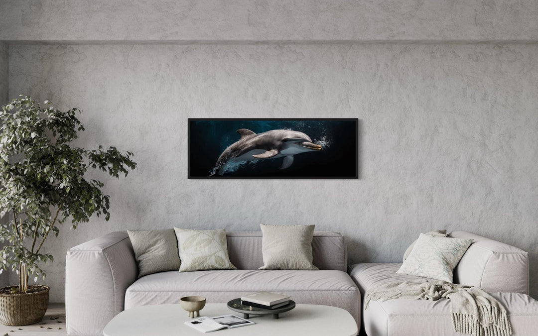 Dolphin Under Water Framed Horizontal Canvas Wall Art