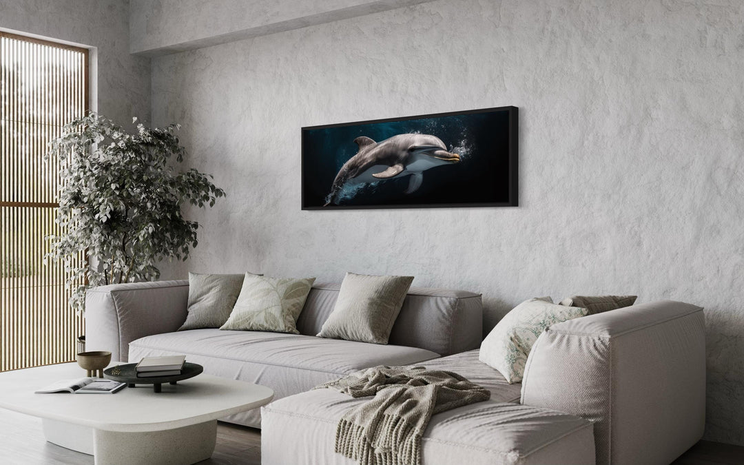 Dolphin Under Water Framed Horizontal Canvas Wall Art