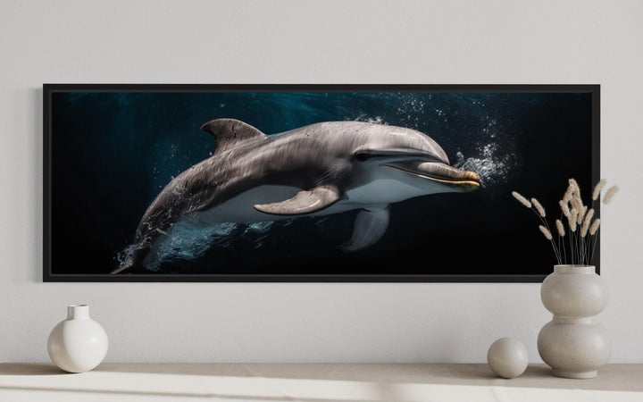 Dolphin Under Water Framed Horizontal Canvas Wall Art