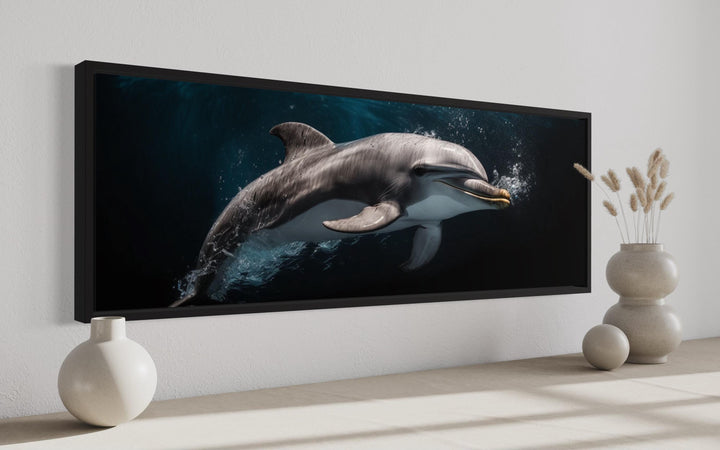 Dolphin Under Water Framed Horizontal Canvas Wall Art