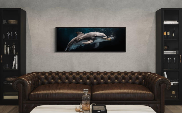 Dolphin Under Water Framed Horizontal Canvas Wall Art