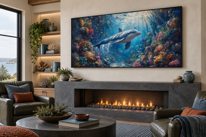 Dolphin in colorful coral reef underwater framed canvas wall art above a modern fireplace.