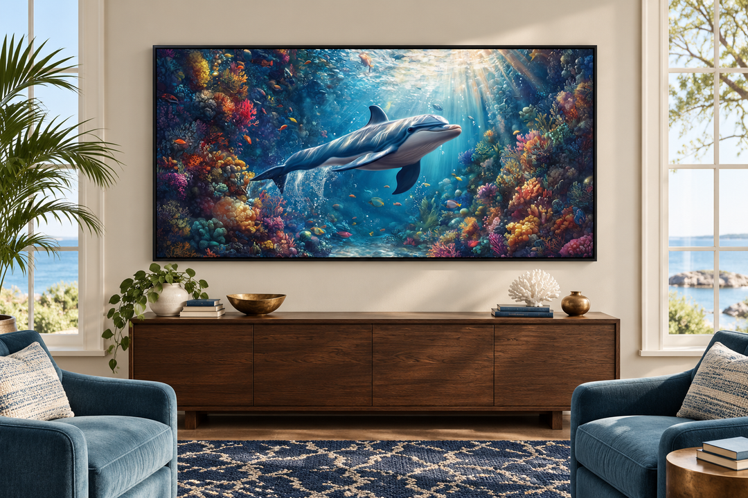 Dolphin in colorful coral reef underwater framed canvas wall art hanging above a wooden sideboard.