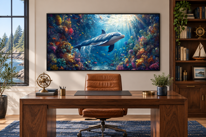 Dolphin in colorful coral reef underwater framed canvas wall art in a home office setting.
