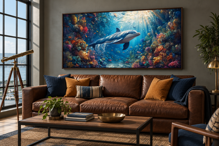 Dolphin in colorful coral reef underwater framed canvas wall art above a brown leather sofa.